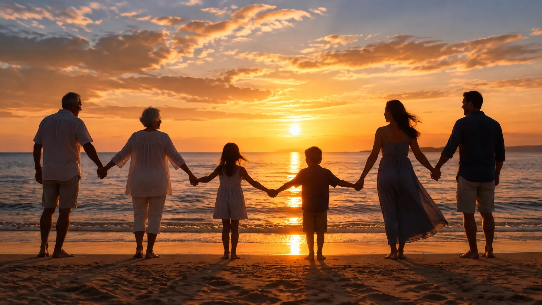 Family holding hands at sunset